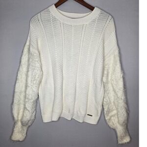 Marc New York Andrew Marc Ivory Fuzzy Sleeve Cable Knit Sweater‎ Med Cozy